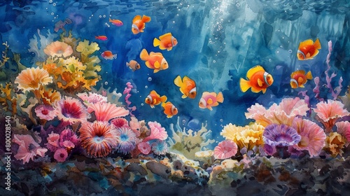 Vibrant watercolor painting of a coral reef ecosystem with colorful fishes and plants