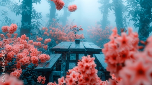 A wooden table and bench are placed in a forest of pink flowers. The trees are tall and the flowers are in bloom. The sun is shining through the trees and there is a mist in the air.