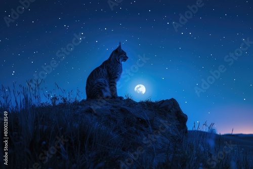 Lynx Silhouette with a Glowing Moon and Starry Sky