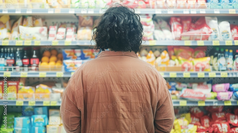 Person in a brown jacket standing in a supermarket aisle filled with various packaged food items.