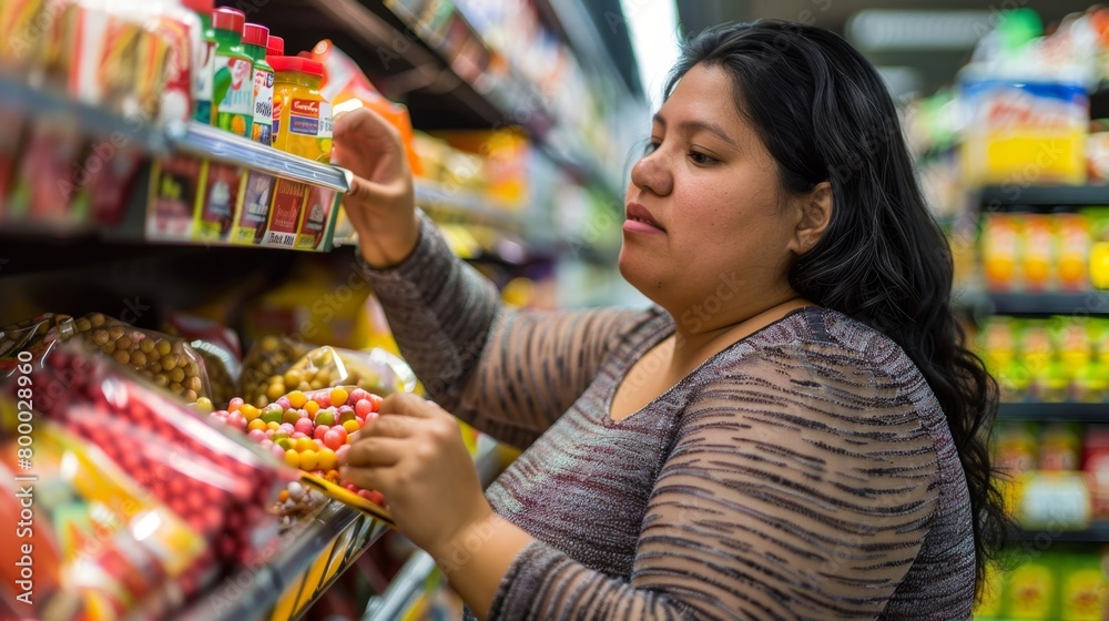 Woman in striped shirt shopping for candy in grocery store aisle.