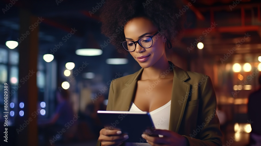 A beautiful black business woman in glasses works overtime in the office using a tablet, such as reading emails or social media posts.