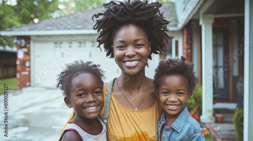 A joyful family moment captured in front of a home with a woman and two children smiling brightly radiating warmth and happiness. photo