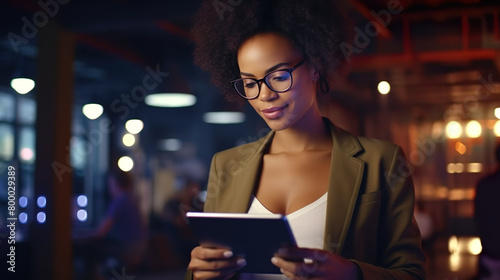A beautiful black business woman in glasses works overtime in the office using a tablet, such as reading emails or social media posts.