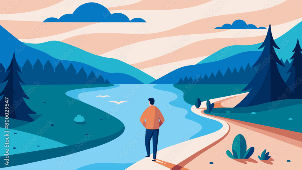 A quiet river a man walking along its banks listening to the soothing sound of flowing water.. A quiet river a man walking along its banks listening to the soothing sound of flowing water..