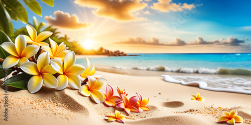 Beach summer panoramic background with frangipani flowers on the sand photo