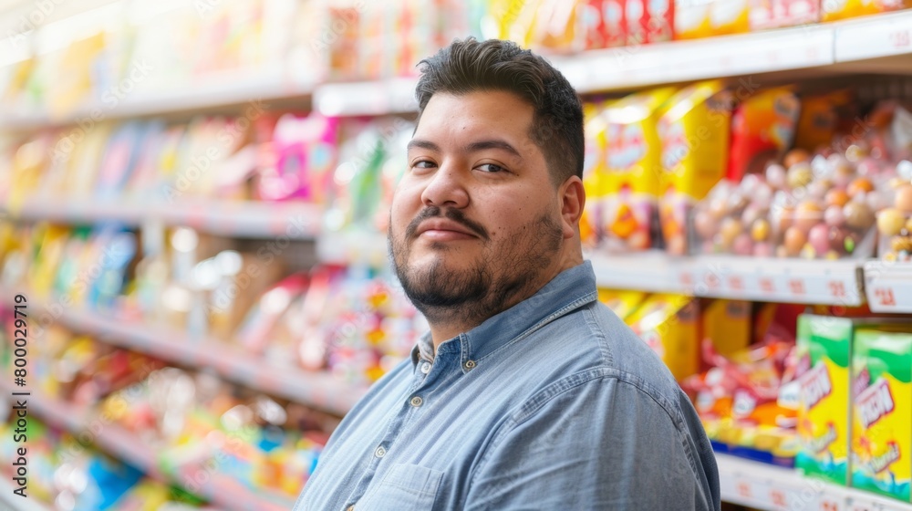 A man with a beard and mustache wearing a blue shirt standing in a grocery store aisle with a variety of snacks and beverages.