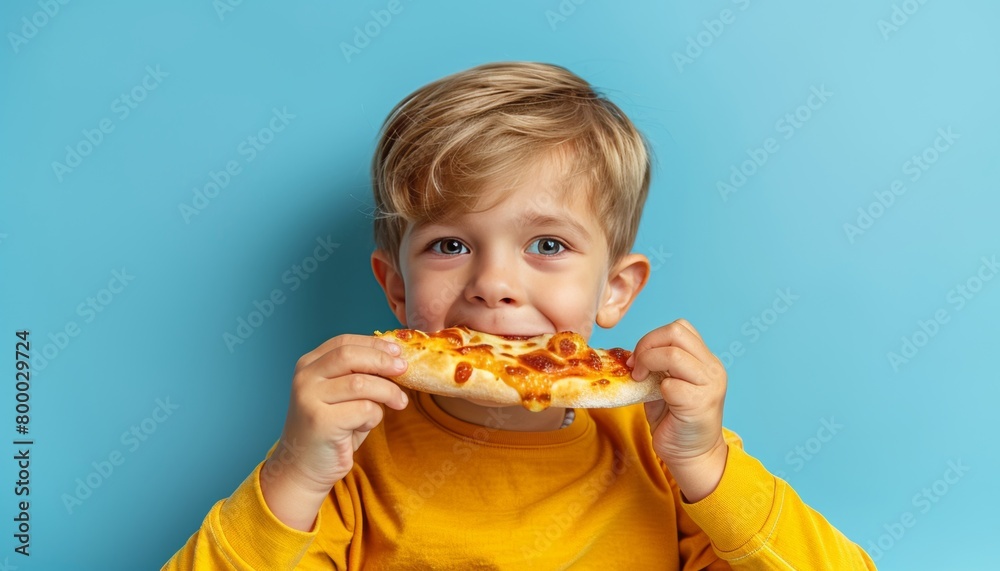 Adorable child enjoying tasty pizza on soft toned background with space for text Adorable child enjoying tasty pizza on soft toned background with space for text