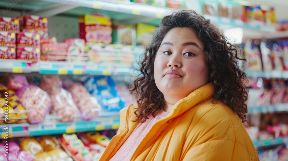 A woman with curly hair wearing a yellow jacket standing in a colorful grocery store aisle with various packaged goods.