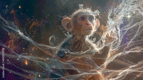 Enchanted primate exploring a cosmic galaxy filled with glowing stardust and ethereal waves photo