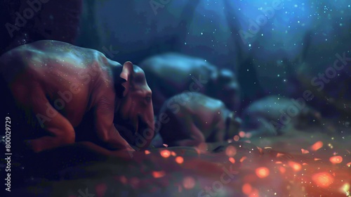 Surreal fantasy landscape with elephants among colorful flowers and cosmic sky