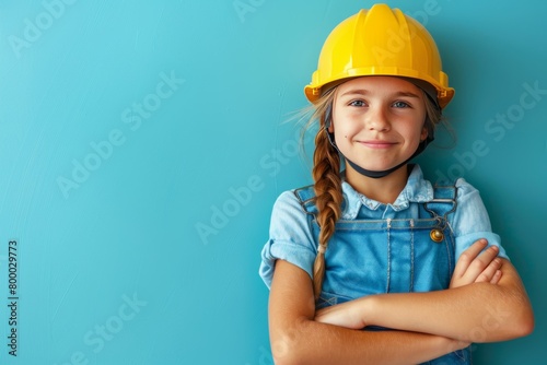 Happy girl in yellow helmet and blue overalls, aspiring engineer, on pastel background with space photo