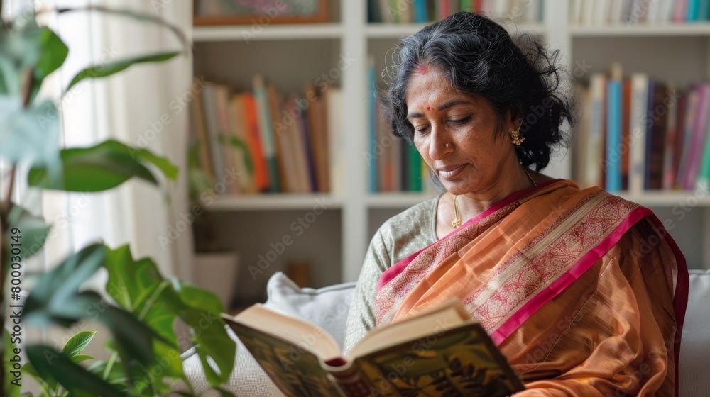 A woman engrossed in reading a book wearing a traditional saree surrounded by a cozy home setting with plants and bookshelves. A woman engrossed in reading a book wearing a traditional saree surrounded by a cozy home setting with plants and bookshelves.