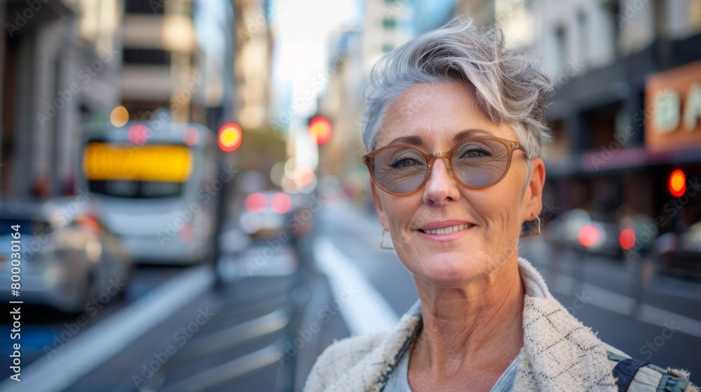 A woman with gray hair and glasses smiling at the camera standing on a busy city street with traffic and buildings in the background. A woman with gray hair and glasses smiling at the camera standing on a busy city street with traffic and buildings in the background.
