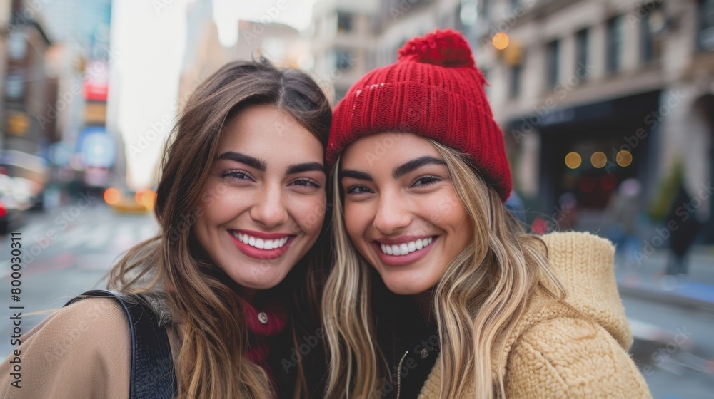 Two smiling women with long hair one wearing a red beanie standing on a city street with blurred cityscape in the background. Two smiling women with long hair one wearing a red beanie standing on a city street with blurred cityscape in the background.