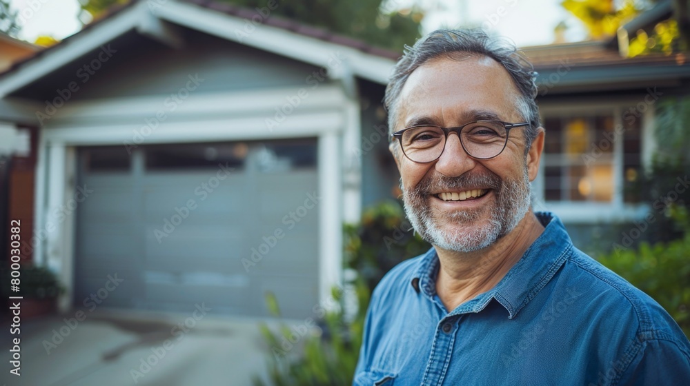 Smiling man with glasses and beard wearing blue shirt standing in front of house with garage door. Smiling man with glasses and beard wearing blue shirt standing in front of house with garage door.