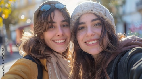 Two young women smiling brightly at the camera both wearing winter hats and one with sunglasses on her head standing on a street with blurred background suggesting a sunny day.