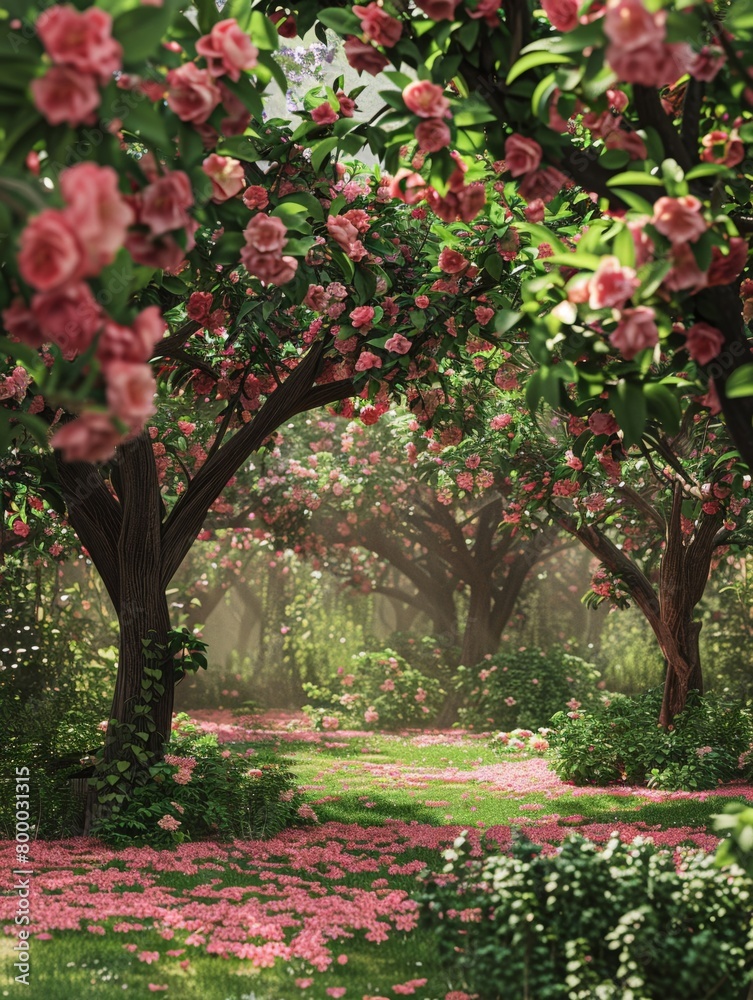 A serene garden view showcasing trees blooming with dollar-shaped flowers A serene garden view showcasing trees blooming with dollar-shaped flowers