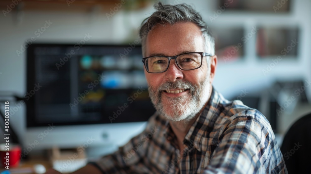 A man with a beard and glasses wearing a plaid shirt smiling at the camera sitting in front of a computer monitor in an office setting. A man with a beard and glasses wearing a plaid shirt smiling at the camera sitting in front of a computer monitor in an office setting.
