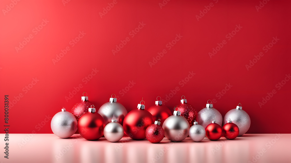 A row of red and silver Christmas ornaments on a red background A row of red and silver Christmas ornaments on a red background