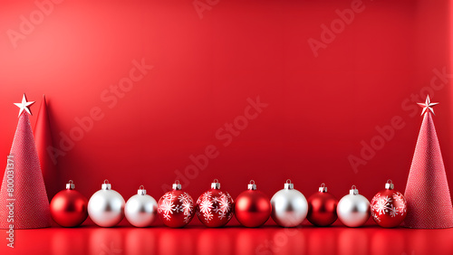 A red background with a row of Christmas ornaments and a star