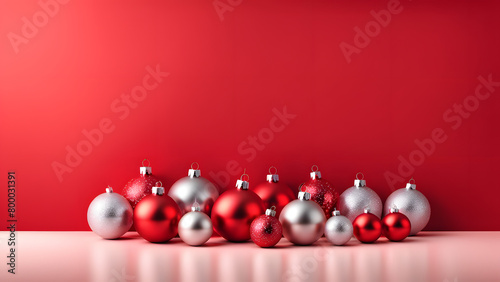 A row of red and silver Christmas ornaments on a red background