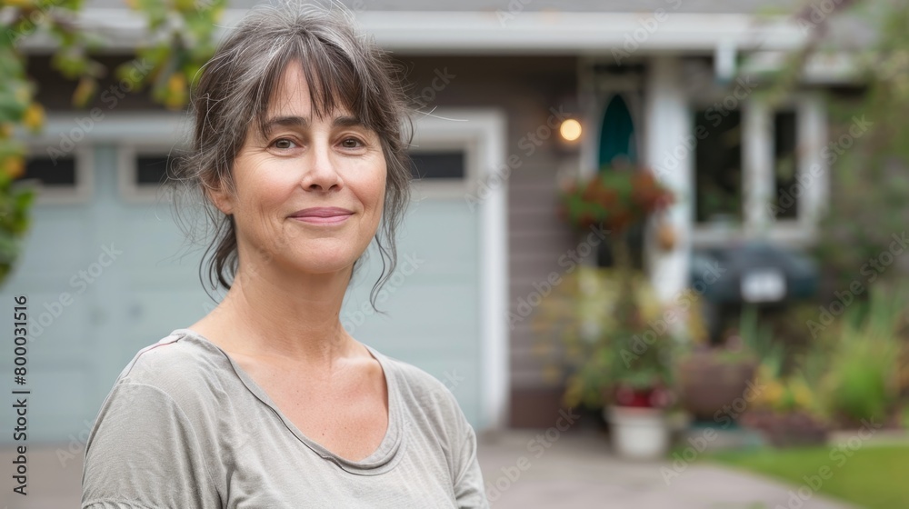 A woman with short hair smiling wearing a light gray top standing in front of a house with a garage door and plants in the background.