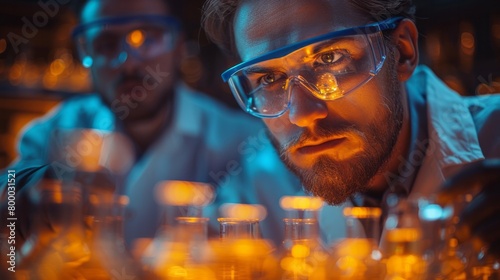 Chemists synthesizing a new compound in a laboratory,Reagents mixing in a flask with reaction occurring photo
