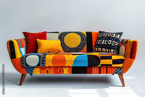 A retro-style sofa with bold geometric patterns © Boinah