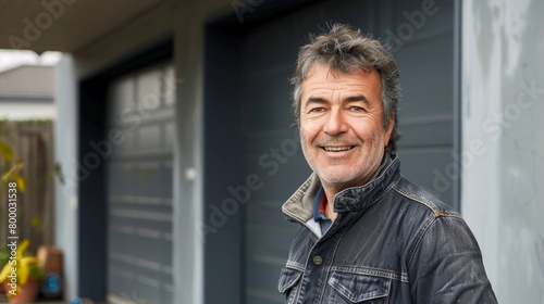 A man with gray hair and a beard wearing a denim jacket standing in front of a garage door with a smile on his face.