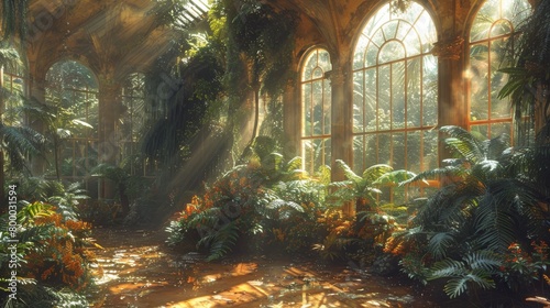 Sunlit greenery in a majestic conservatory, a serene oasis with vibrant flora