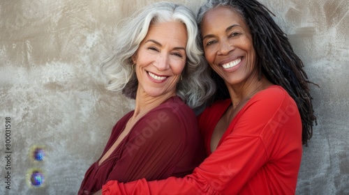 Two women one with gray hair and the other with dark hair smiling and embracing each other against a textured wall.