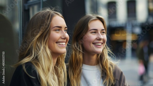Two young women with long blonde hair smiling and looking to the side standing in front of a building with a blurred background suggesting a casual happy moment captured in an urban setting.