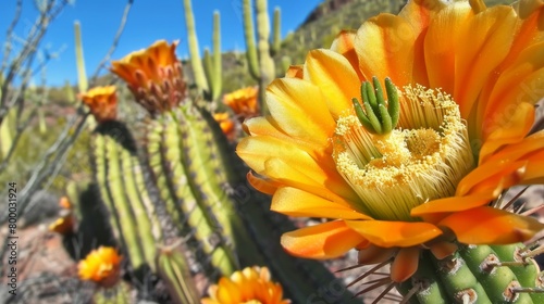 Vibrant orange cactus flower blooming in the desert, surrounded by rocky terrain and greenery