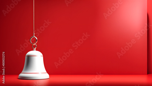 A white bell hanging from a red background