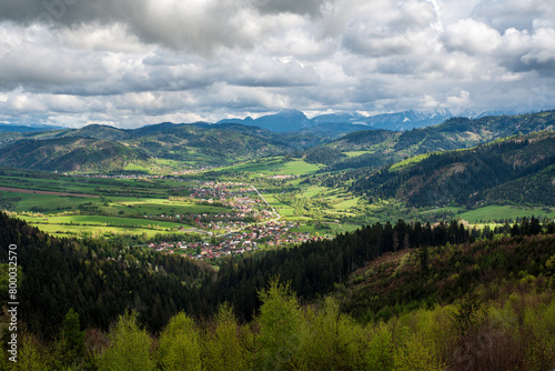 Beautiful view from lookout tower on Hladky vrch hill above Zborov nad Bystricou village in Slovakia
