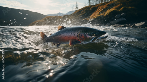 Salmon day, Jumping a king salmon over the river © HappyPICS