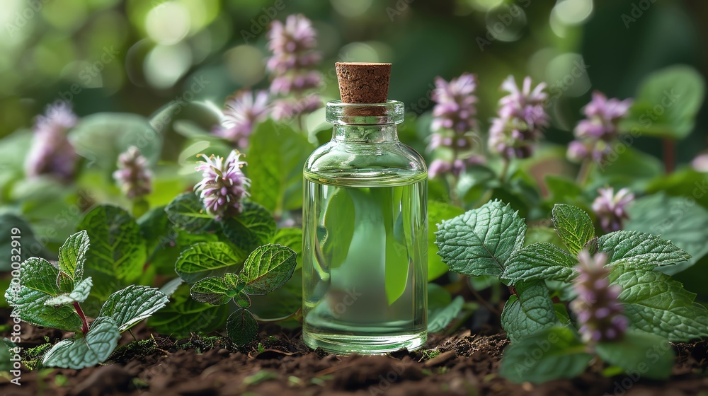 A bottle of essential oil surrounded by green leaves and flowers. A bottle of essential oil surrounded by green leaves and flowers.