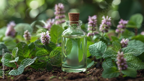 A bottle of essential oil surrounded by green leaves and flowers.