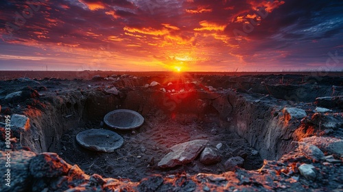 Sunset over an archaeological excavation site with ancient artifacts and ruins