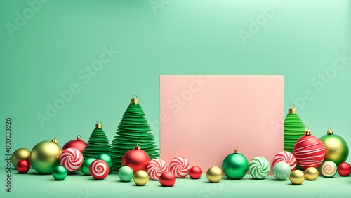A Christmas tree with many ornaments and a blank sign