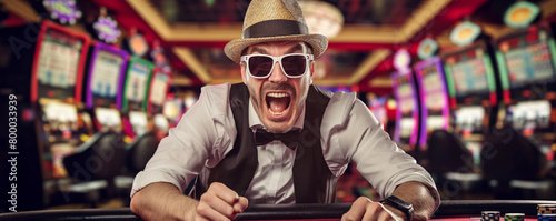 Laughing man in casino with slot machines photo