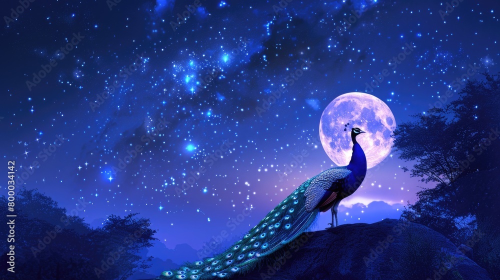 Peacock Silhouette on a Rocky Outcrop Under Starry Sky