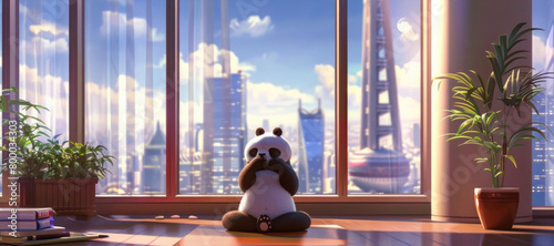 A panda bear is seated on the floor in front of a window, looking outside photo