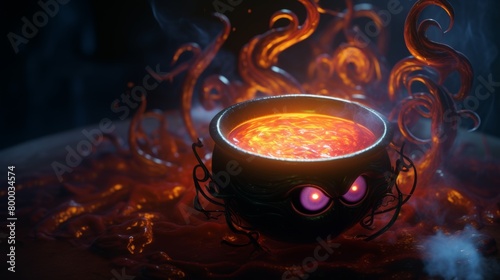 A cauldron boils with a bright orange bubbling liquid. The cauldron has two eyes and tentacles and the liquid is bubbling over. photo