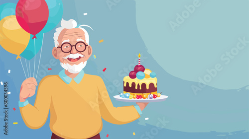 Senior man with birthday cake and colorful balloons 