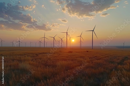 Wind farm field and sunset sky. Wind power. Sustainable  renewable energy. Wind turbines generate electricity. Sustainable development. Green technology for energy. Eco-friendly  Generative AI