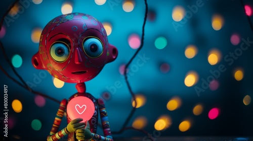 A cute robot holding a heart-shaped balloon in front of a bokeh background