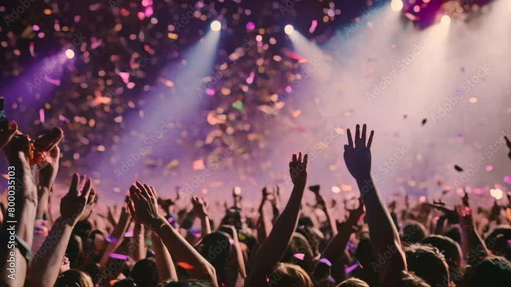 A vibrant crowd of fans at a live concert, cheering and celebrating as confetti fills the air, A confetti storm during a music concert