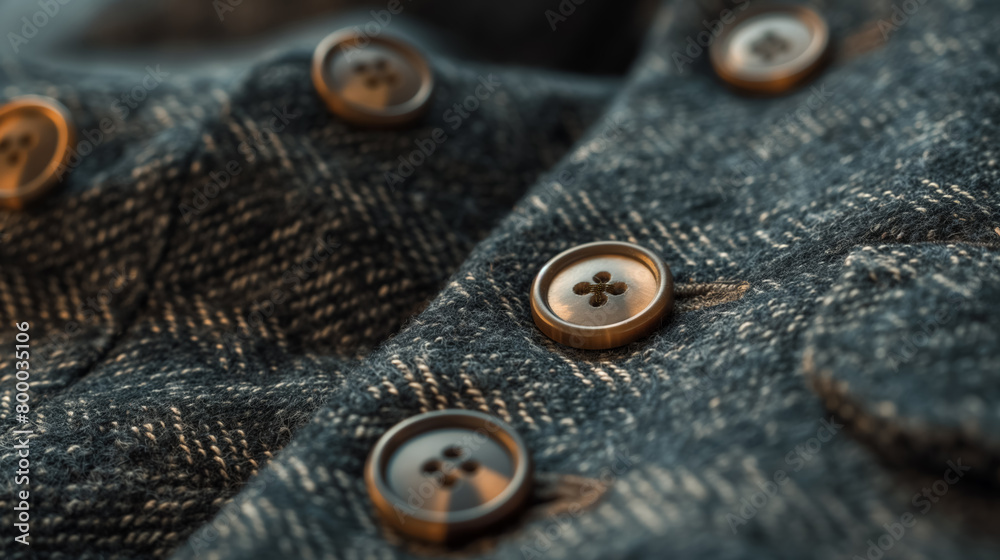 Macro shot of textured fabric with focused detail on the brown buttons and stitching.